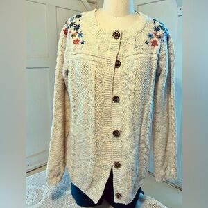 Cream Cable Knit Button Down Crew Neck Cardigan with Floral Embroidery #0733
